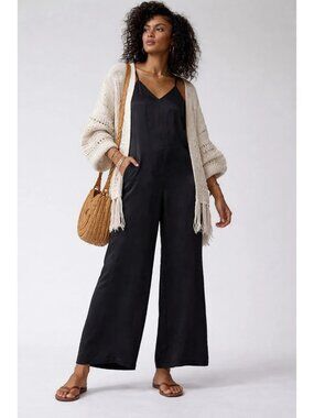 Athleta Calm Cool Romper Black Cupro Wide Leg Jumpsuit Size S NWOT